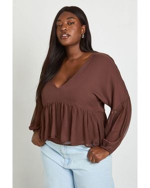 Boohoo Plus Chiffon Ruffle Plunge Blouse - Brown