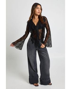 Boohoo Sheer Lace Ruffle Blouse - Black