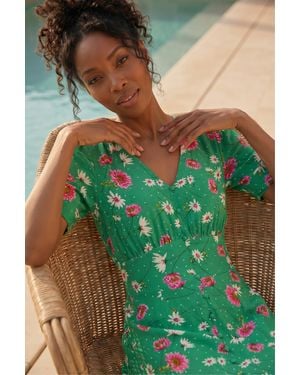 Roman Floral Ruched Sleeve Dress - Green