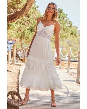 Sosandar Petite Crochet Detail Tiered Hem Maxi Dress - White