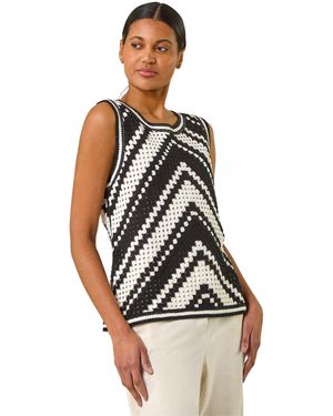 Roman Chevron Crochet Knit Vest Top - Black