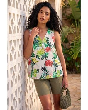 Roman Leaf Print Pleat V-Neck Vest Top - Green