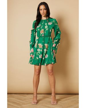 Oasis Floral Chiffon Lace Trim Mini Dress - Green