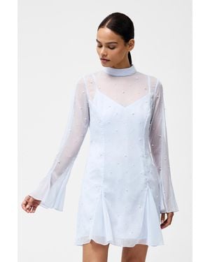 French Connection Light Chiffon High Neck Frill Sleeve Pearl Mini Dress - White