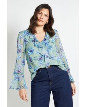 Wallis Floral Lace Trim Ruffle Blouse - Blue