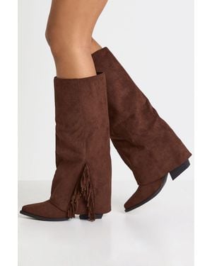 Boohoo Faux Suede Fringe Detail Fold Over Knee High Western Boots - Brown