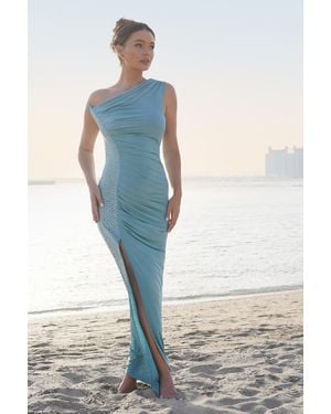 Quiz Rhinestone Ruched One Shoulder Maxi Dress - Blue