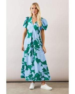Wallis Petite Floral Pleat Puff Sleeve Midaxi Dress - Green