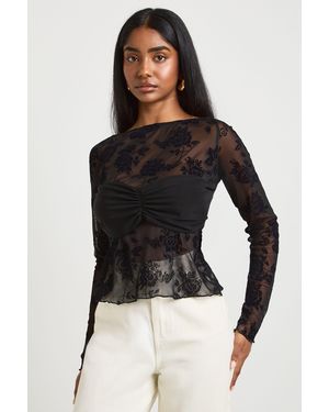 Boohoo Floral Flocked Mesh Twist Front Crop Top - Black