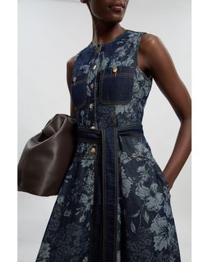 Karen Millen Petite Jacquard Denim Full Skirted Midi Dress - Blue