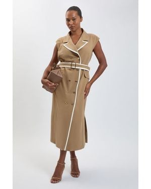 Karen Millen Plus Size Double Breasted Belted Tipped Tailored Midi Dress - Natural