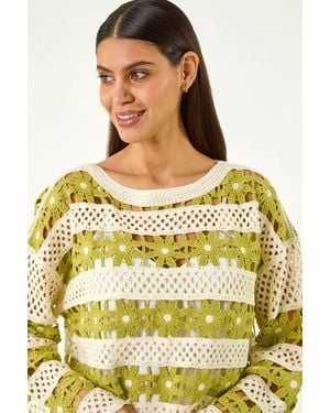 Roman Floral Stripe Crochet Knit Jumper - Yellow