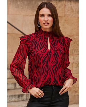 Sosandar Print Keyhole Detail Blouse - Red