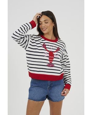 Brave Soul Stripe Sequin Lobster Jumper - White