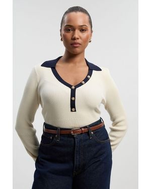 Karen Millen Plus Size Knit Rib With Contrast Hem Detail Collared Top - White