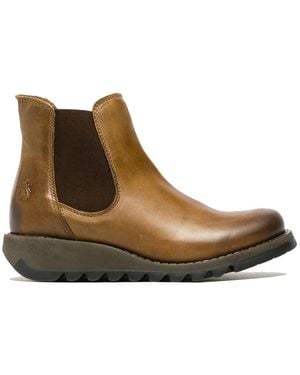 Fly London Salv Chelsea Leather Ankle Casual Wedge Heel Boots - Brown