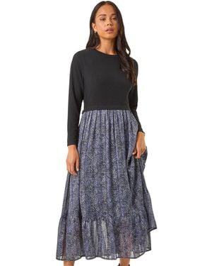 Roman Petite Contrast Tiered Midi Dress - Black