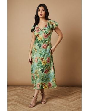 Oasis Floral Satin Burnout Ruffle Midi Dress - Green
