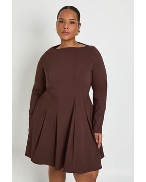 Boohoo Plus Bengaline Pleated Long Sleeve Skater Dress - Brown
