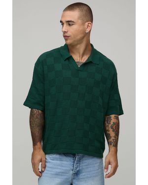 BoohooMAN Oversized Boxy Checker Board Knitted Polo - Green