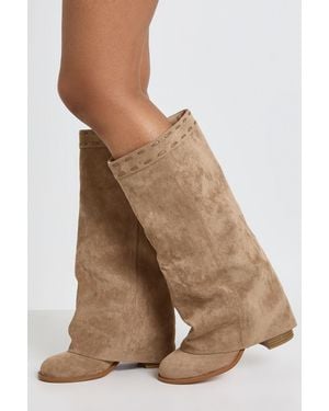 Boohoo Wide Fit Fold Over Block Heel Knee High Boots - Brown