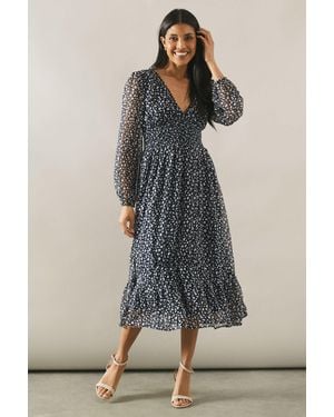 Wallis Printed V Neck Blouson Sleeve Midi Dress - Blue