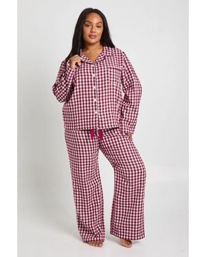 Boohoo Plus Soft Touch Gingham Long Sleeve Shirt And Trouser Pyjama Set - Red