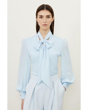 Karen Millen Jersey Ponte And Georgette Mix Tie Neck Long Sleeve Bodysuit - Blue