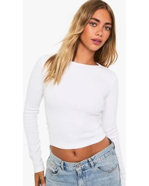 Boohoo Basics Rib Long Sleeve Crew Neck Crop Top - White