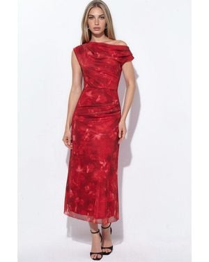 Hiccup Patterned Lined Tulle Knit Midi Dress - Red