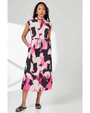 PRINCIPLES Abstract Print Pleated Skirt Zip Front Midi Dress - Red
