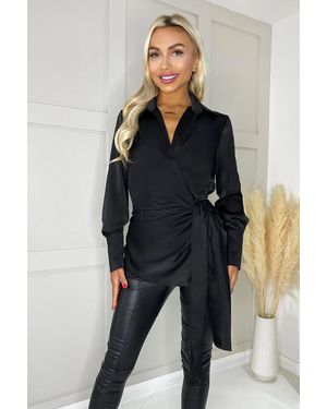 AX Paris Satin Tie Waist Wrap Shirt - Black