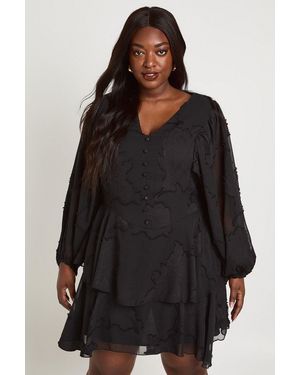 Boohoo Plus Floral Burnout Volume Sleeve Ruffle Hem Skater Dress - Black