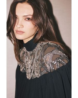Karen Millen Crystal Embellished Cutwork Cape Detail Woven Drama Blouse - Black