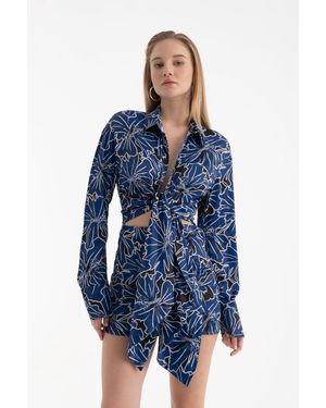 Hiccup Floral Polo Collar Tie Front Side Cut Out Long Sleeve Mini Dress - Blue