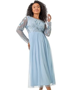 Roman Petite Embellished Mesh Dress - Blue