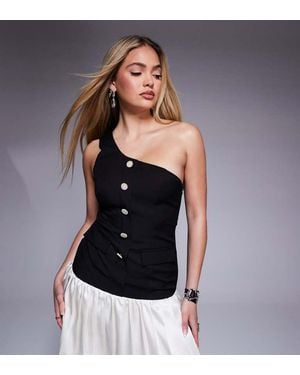 Kaiia Exclusive Tailored One Shoulder Button Detail Pleated Drop Hem Mini Dress - Black