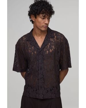 BoohooMAN Oversized Boxy Revere Short Sleeve Lace Shirt - Black