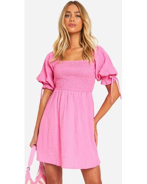 Boohoo Textured Puff Sleeve Smock Dress - Pink