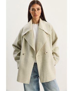 Bianco Lucci Oversized Buttoned Felt Jacket With Wide Collar - Natural