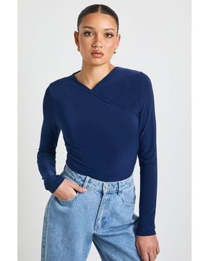 Boohoo Wrap Front Matte Slinky Long Sleeve Bodysuit - Blue