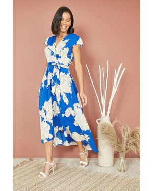 Mela London Blossom Print Wrap Midi With Dipped Hem - Blue