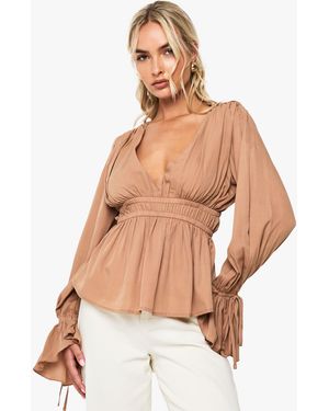 Boohoo Tie Cuff Peplum Blouse - Multicolour