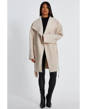Quiz Boucle Tie Belt Coat - Natural