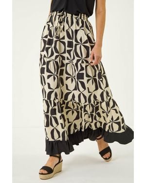 Roman Mono Print Tiered Maxi Skirt - Black