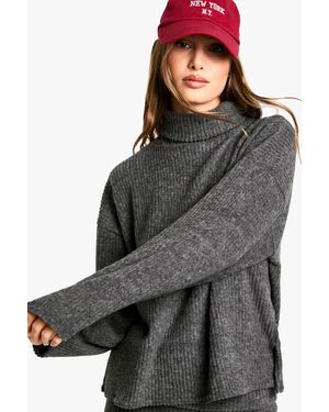 Boohoo Brushed Chunky Rib High Neck Oversized Top - Grey
