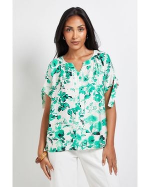 Wallis Petite Abstract Tie Sleeve Collarless Top - Green