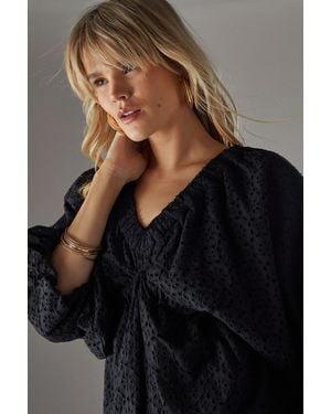 Warehouse Blouson Broderie Top With Grown On Sleeve - Black