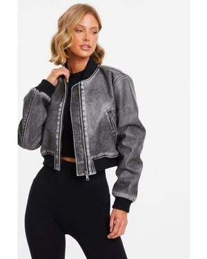 Quiz Faux Leather Bomber Jacket - Grey