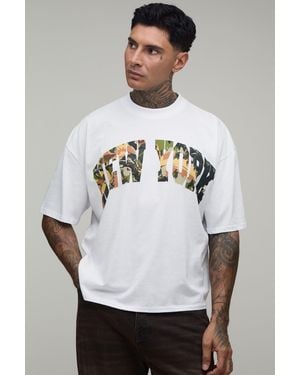 BoohooMAN Tall Oversized Boxy New York Camo Print T-Shirt Cotton - White